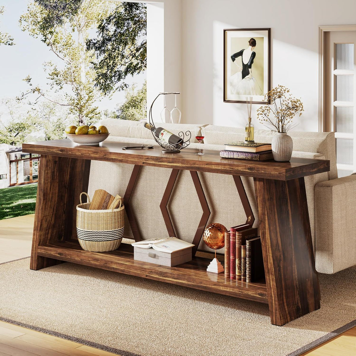 Accent extra long brown console table with two tiers and thick legs in a living room setup on Tampa Home & Garden Store