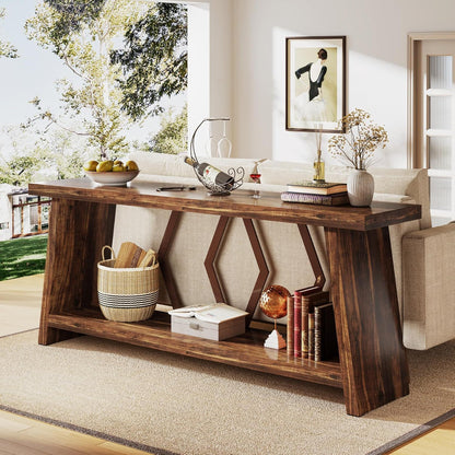 Accent extra long brown console table with two tiers and thick legs in a living room setup on Tampa Home & Garden Store