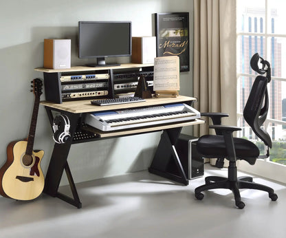 Eleazar Music Recording Studio Desk, natural oak work station with monitor and rack gear on Tampa Home & Garden Store