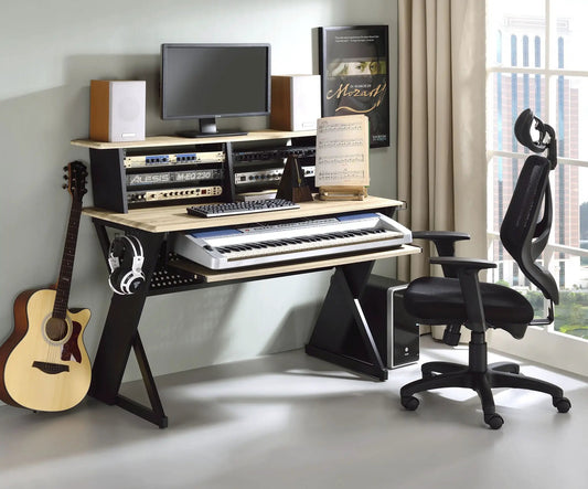 Eleazar Music Recording Studio Desk, natural oak work station with monitor and rack gear on Tampa Home & Garden Store
