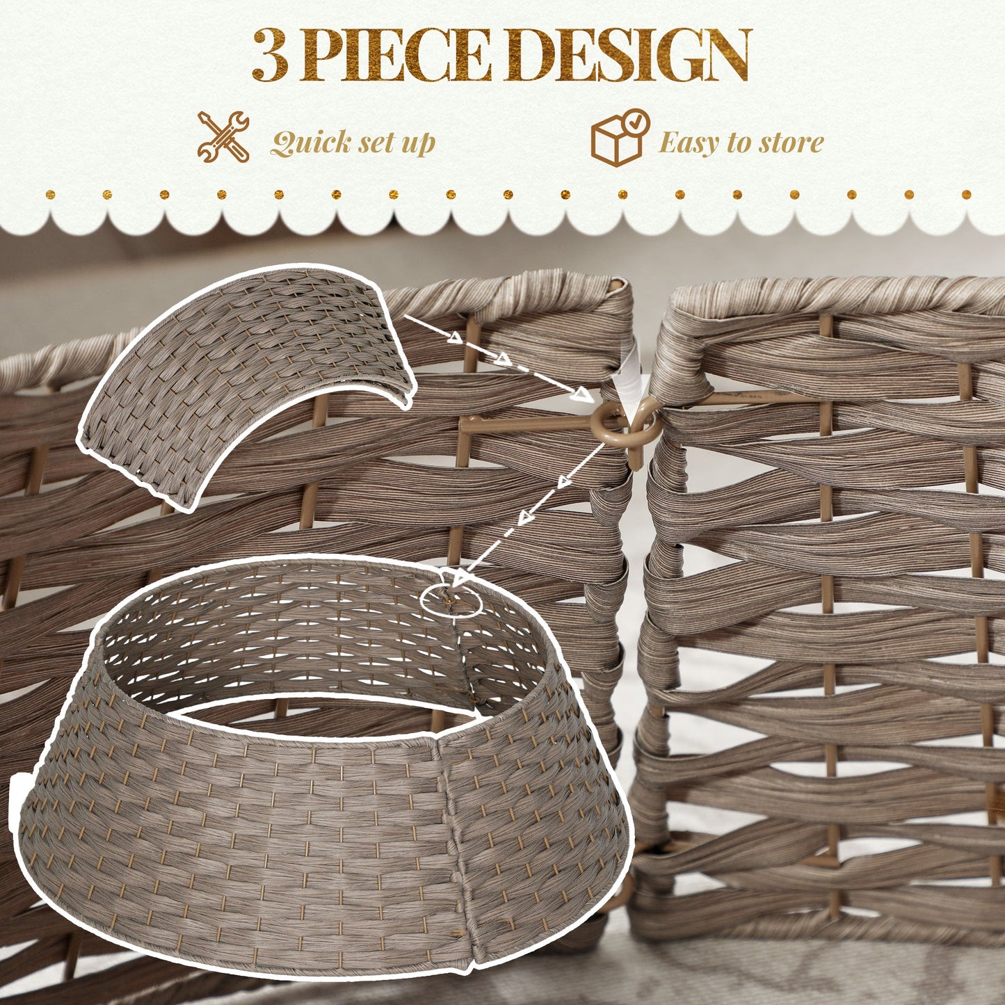 2.25 ft rustic Christmas tree skirt in natural wicker; woven skirts on display on Tampa Home & Garden Store