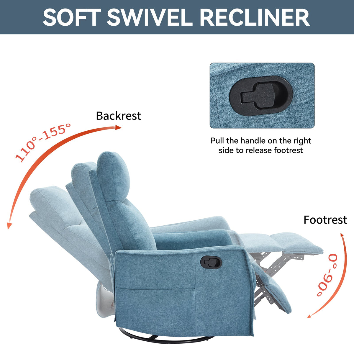 Heat Massage Manual Recliner Chair in blue fabric with rocker and swivel on Tampa Home & Garden Store