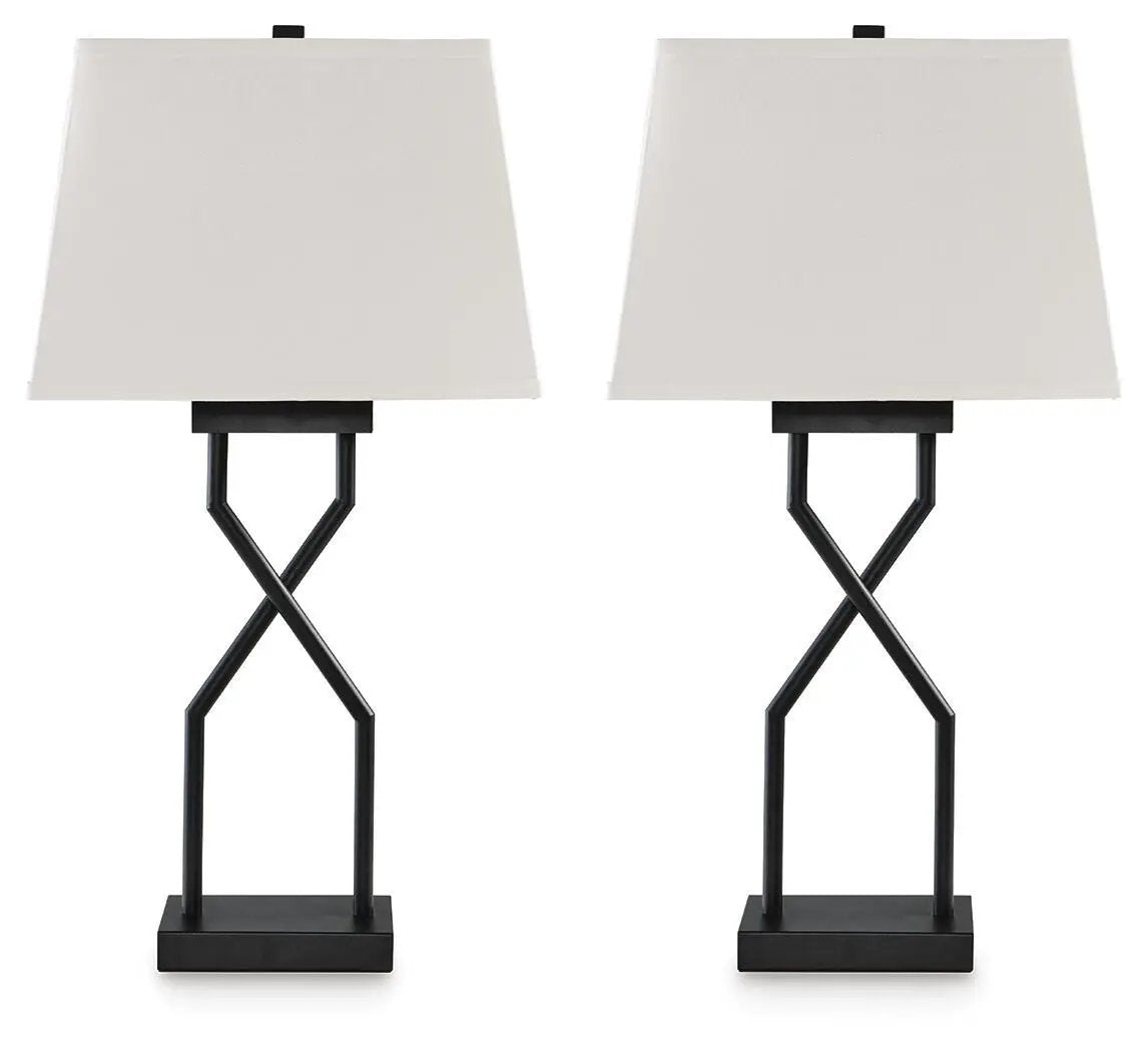 Brookthrone table lamp set of 2 in black with X-frame bases and white fabric shades on Tampa Home & Garden Store