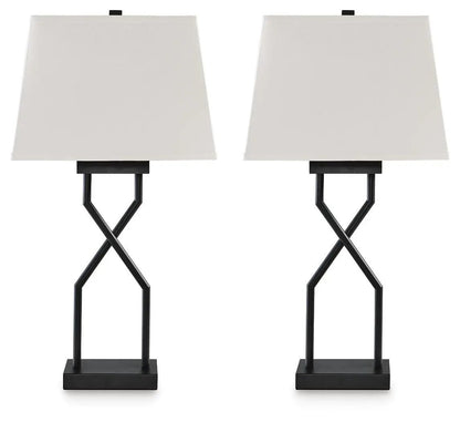 Brookthrone table lamp set of 2 in black with X-frame bases and white fabric shades on Tampa Home & Garden Store