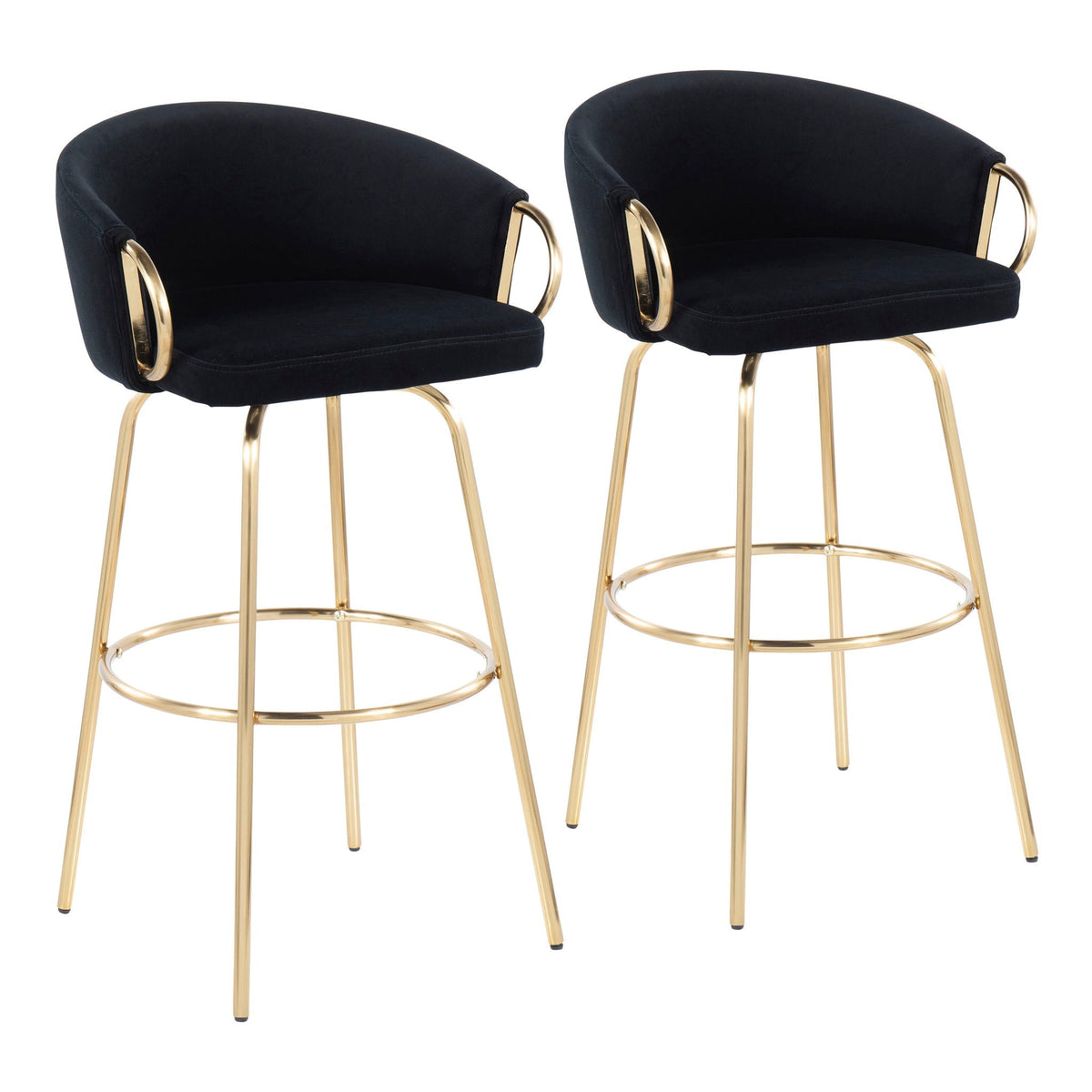 Claire Contemporary Bar Stool: black upholstery, gold legs, round footrest, pair on Tampa Home & Garden Store