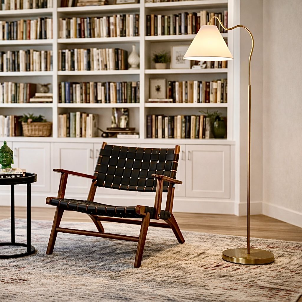 Majestic Floor Lamp with gold finish, ring-base curved stem, white triangle drum shade on Tampa Home & Garden Store