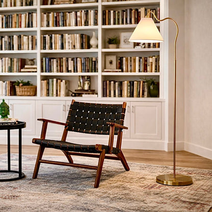 Majestic Floor Lamp with gold finish, ring-base curved stem, white triangle drum shade on Tampa Home & Garden Store