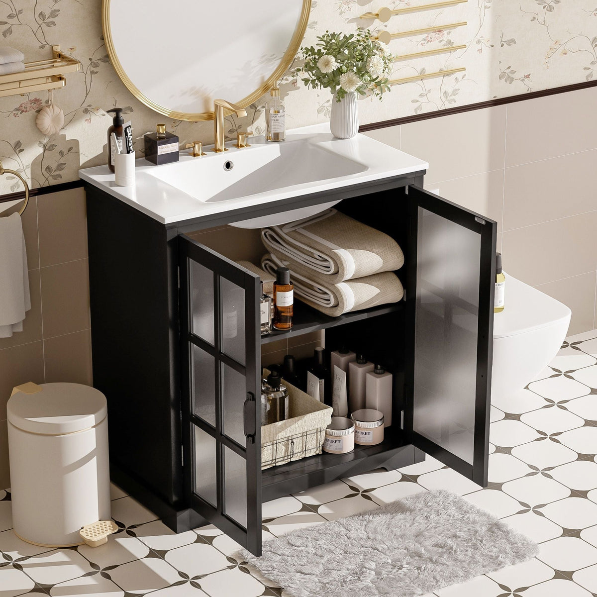 Modern bathroom vanity with ceramic sink and tempered blurred glass doors, gold faucet on Tampa Home & Garden Store