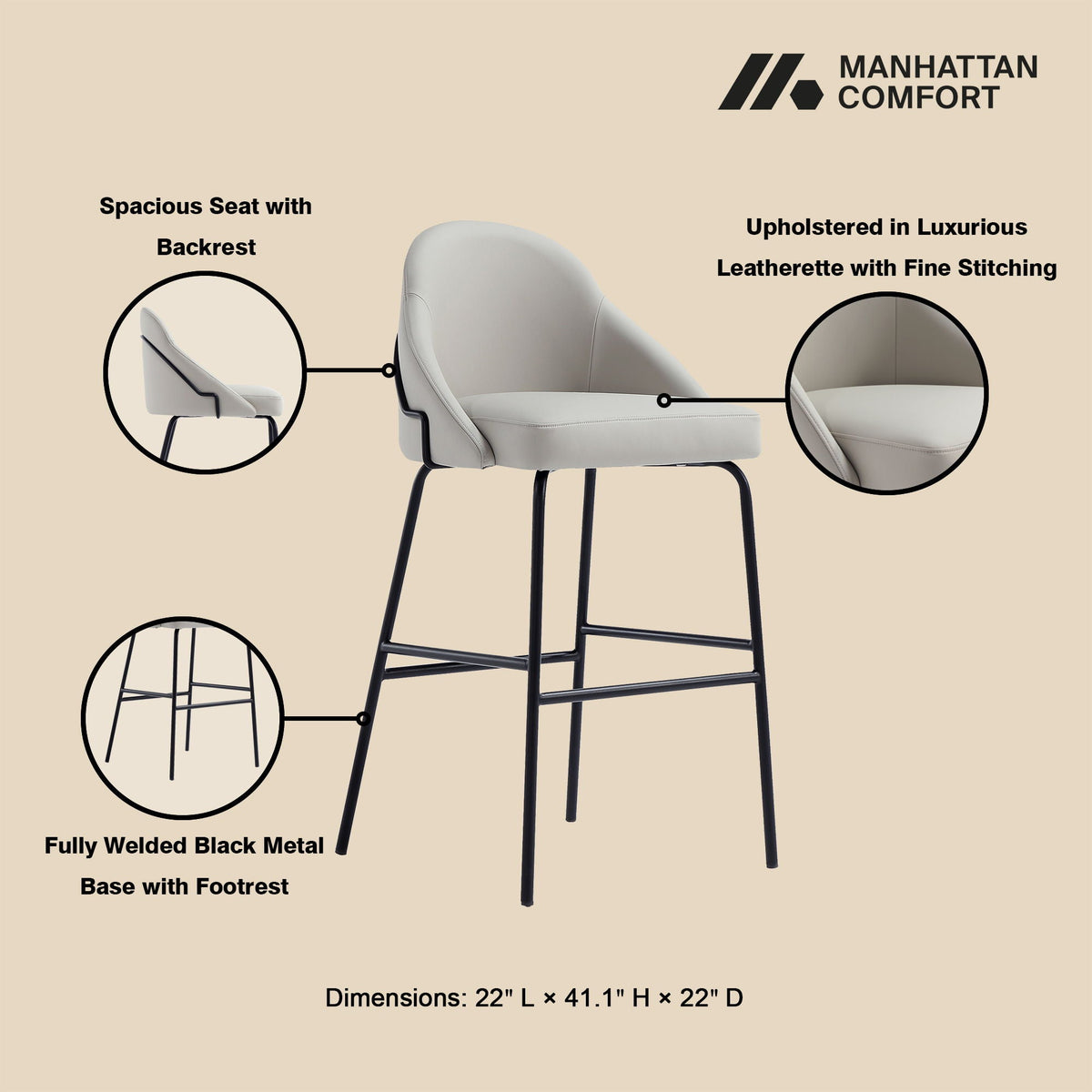 Gracie Upholstered Barstool grey leatherette seat with black metal base footrest HouseOfZazla on Tampa Home & Garden Store