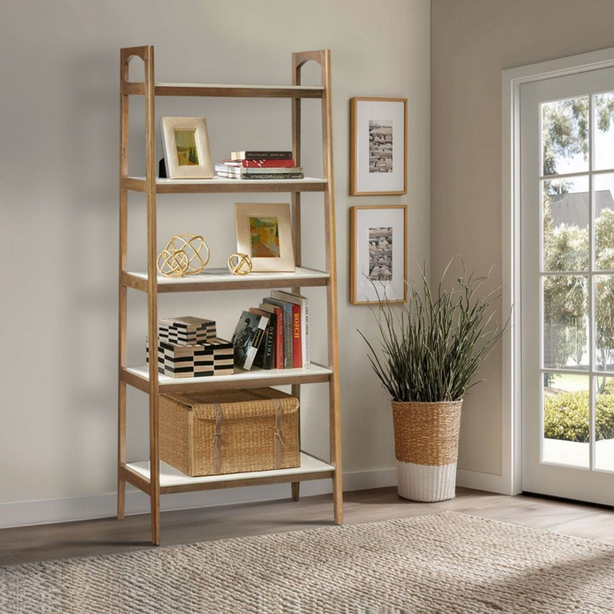 HouseOfZazla ladder bookcase in off-white and natural wood, 5 shelves, solid wood frame on Tampa Home & Garden Store
