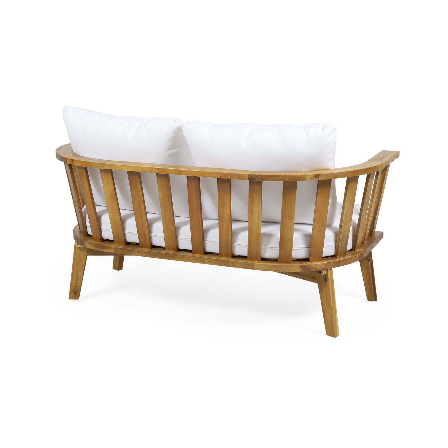 2-Person outdoor acacia wood patio seating set with white cushions and coffee table on Tampa Home & Garden Store