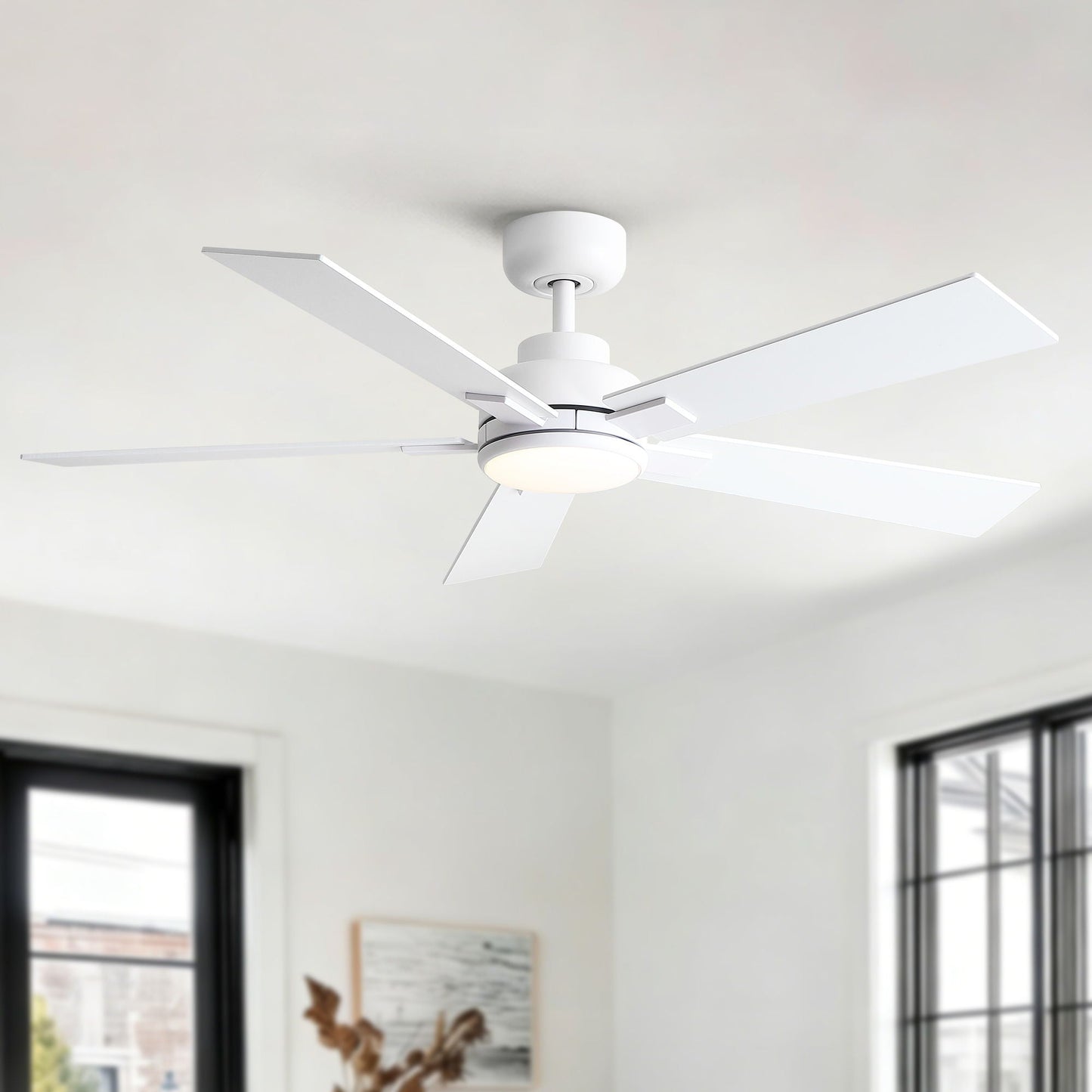 Reversible motor integrated LED dimmable ceiling fan with light white finish six blades HouseOfZazla on Tampa Home & Garden Store