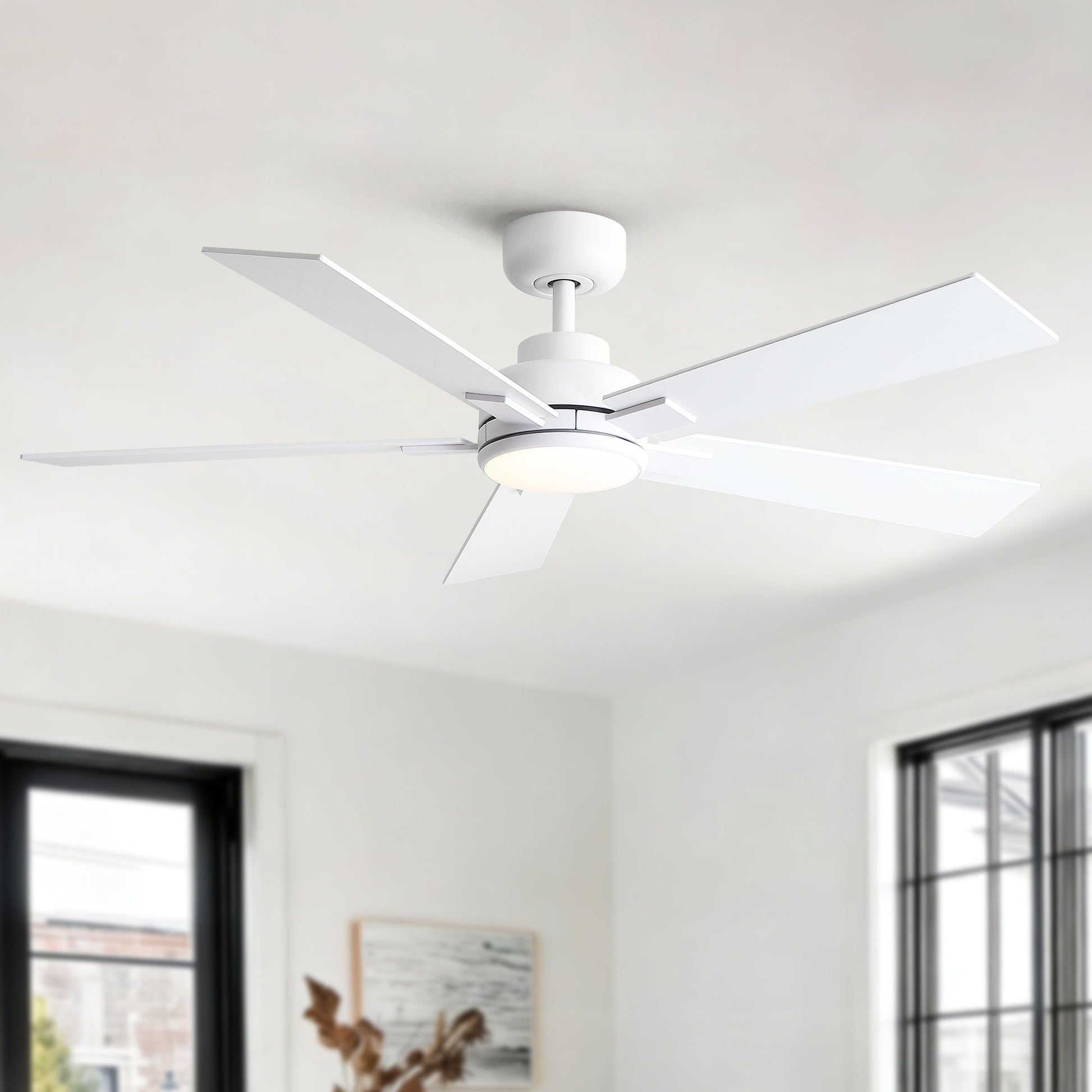Reversible motor integrated LED dimmable ceiling fan with light white finish six blades HouseOfZazla on Tampa Home & Garden Store