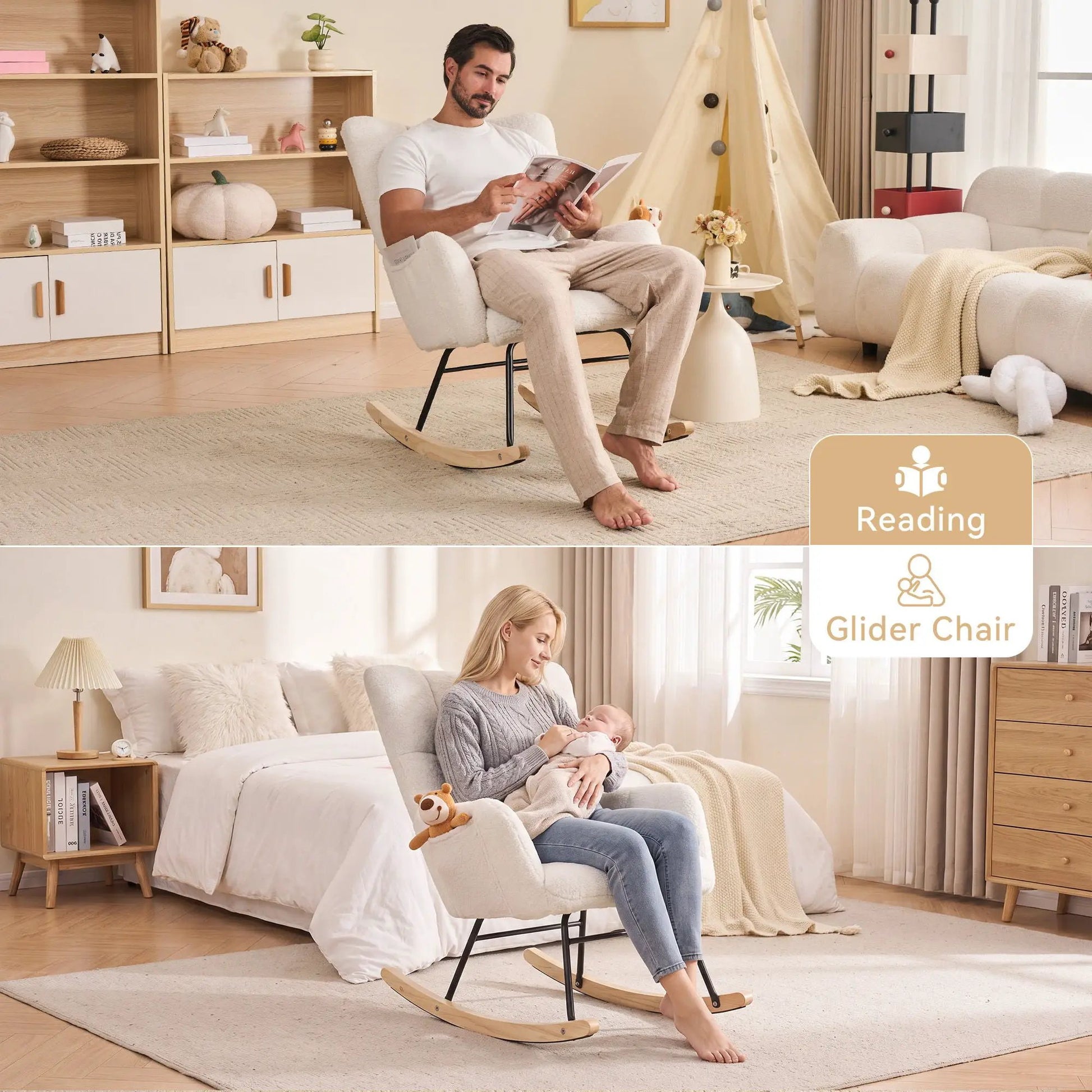 Teddy Fabric Rocking Gilder Nursery Chair Ivory by Unique Piece Furniture with rockers on Tampa Home & Garden Store