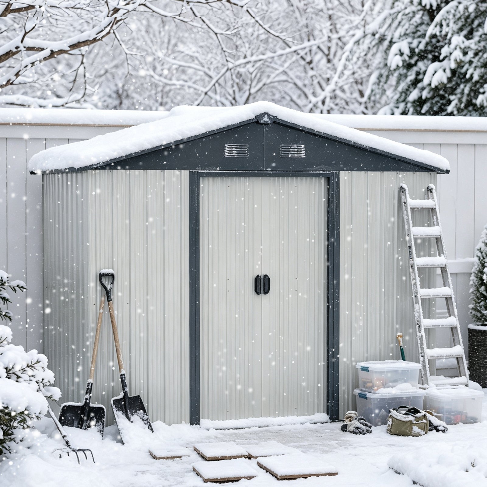 8ft x 4ft metal storage shed by HouseOfZazla, gray steel with snow on roof, shovels nearby on Tampa Home & Garden Store