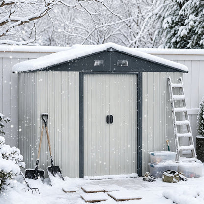 8ft x 4ft metal storage shed by HouseOfZazla, gray steel with snow on roof, shovels nearby on Tampa Home & Garden Store