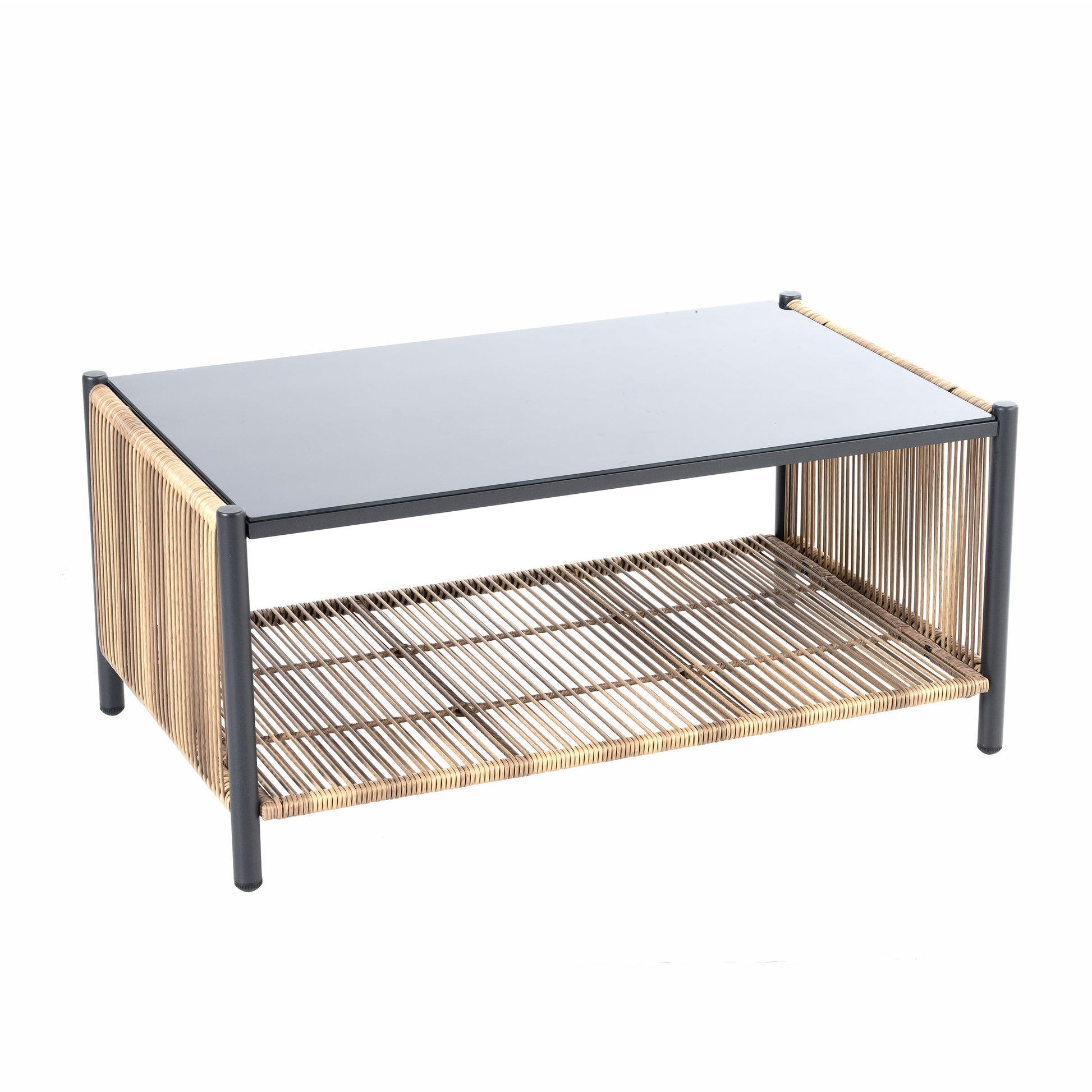 Outdoor PE wicker coffee table with grey top and dark metal frame on Tampa Home & Garden Store