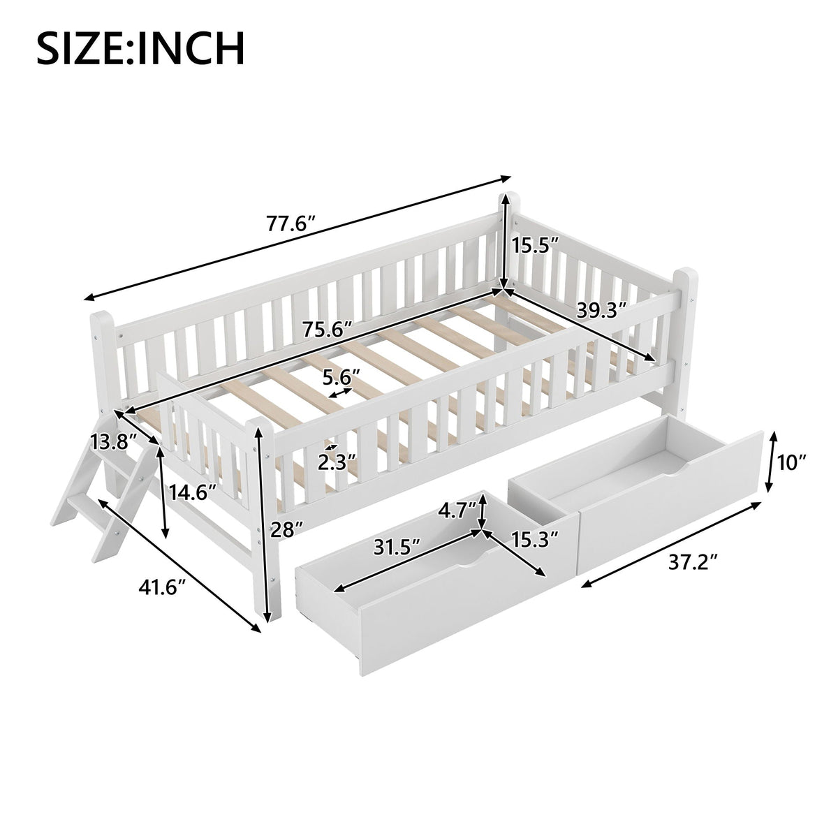 Platform bed with guardrail and 2 drawers, white wood, HouseOfZazla storage bed, Storage Beds on Tampa Home & Garden Store
