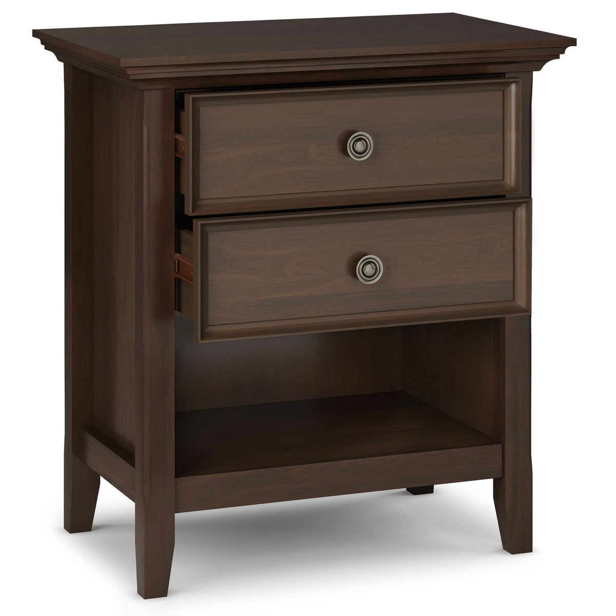 Handcrafted bedside table with storage in dark brown wood finish, round metal knob on Tampa Home & Garden Store