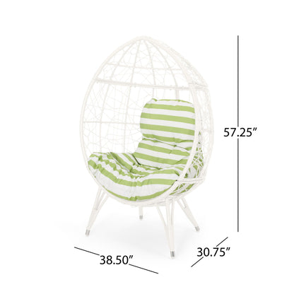Cosmos Round Hammered Iron Teardrop Chair white frame with green striped cushion by HouseOfZazla on Tampa Home & Garden Store
