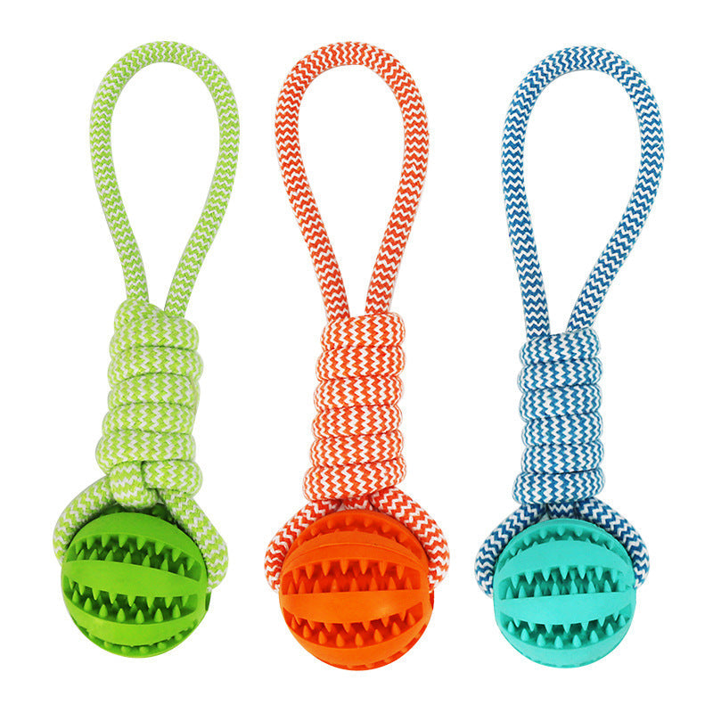 Set of 3 dog chew toys with hemp rope handles and textured rubber balls in green orange blue on Tampa Home & Garden Store