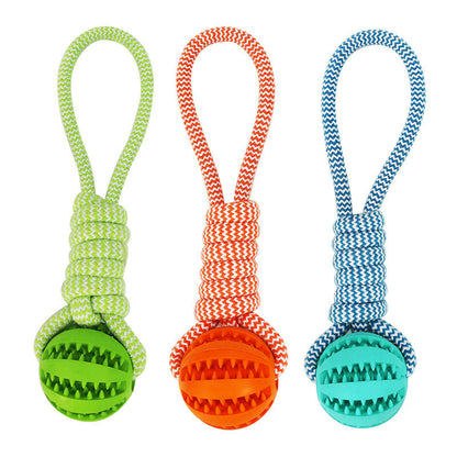 Set of 3 dog chew toys with hemp rope handles and textured rubber balls in green orange blue on Tampa Home & Garden Store