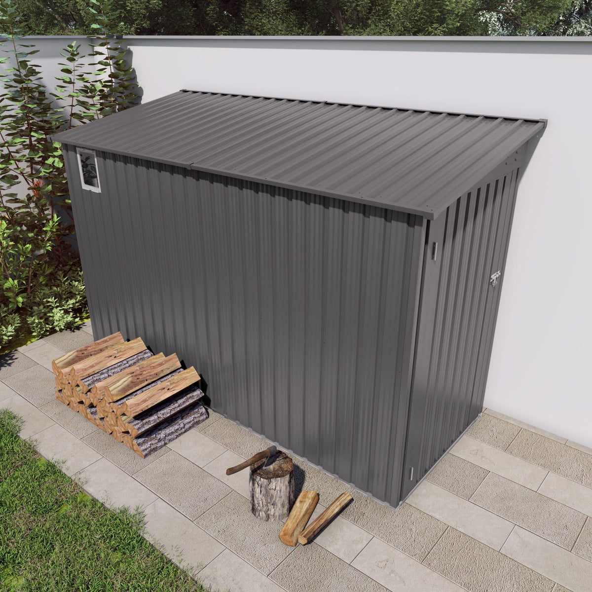 Lean-to gray metal storage shed with sloping roof and small window by HouseOfZazla on Tampa Home & Garden Store