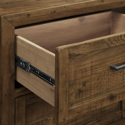 7 Drawer Dresser brown wood finish with grain and open drawer showing smooth-glide slides on Tampa Home & Garden Store