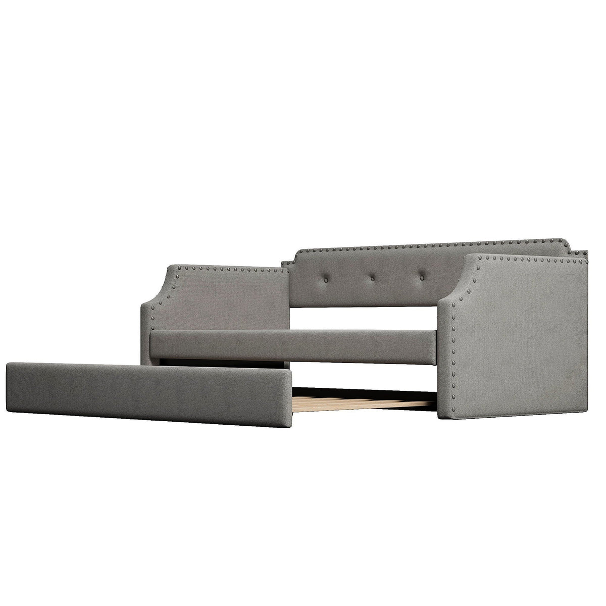 Upholstered daybed with trundle in gray fabric with nailhead trim by HouseOfZazla on Tampa Home & Garden Store