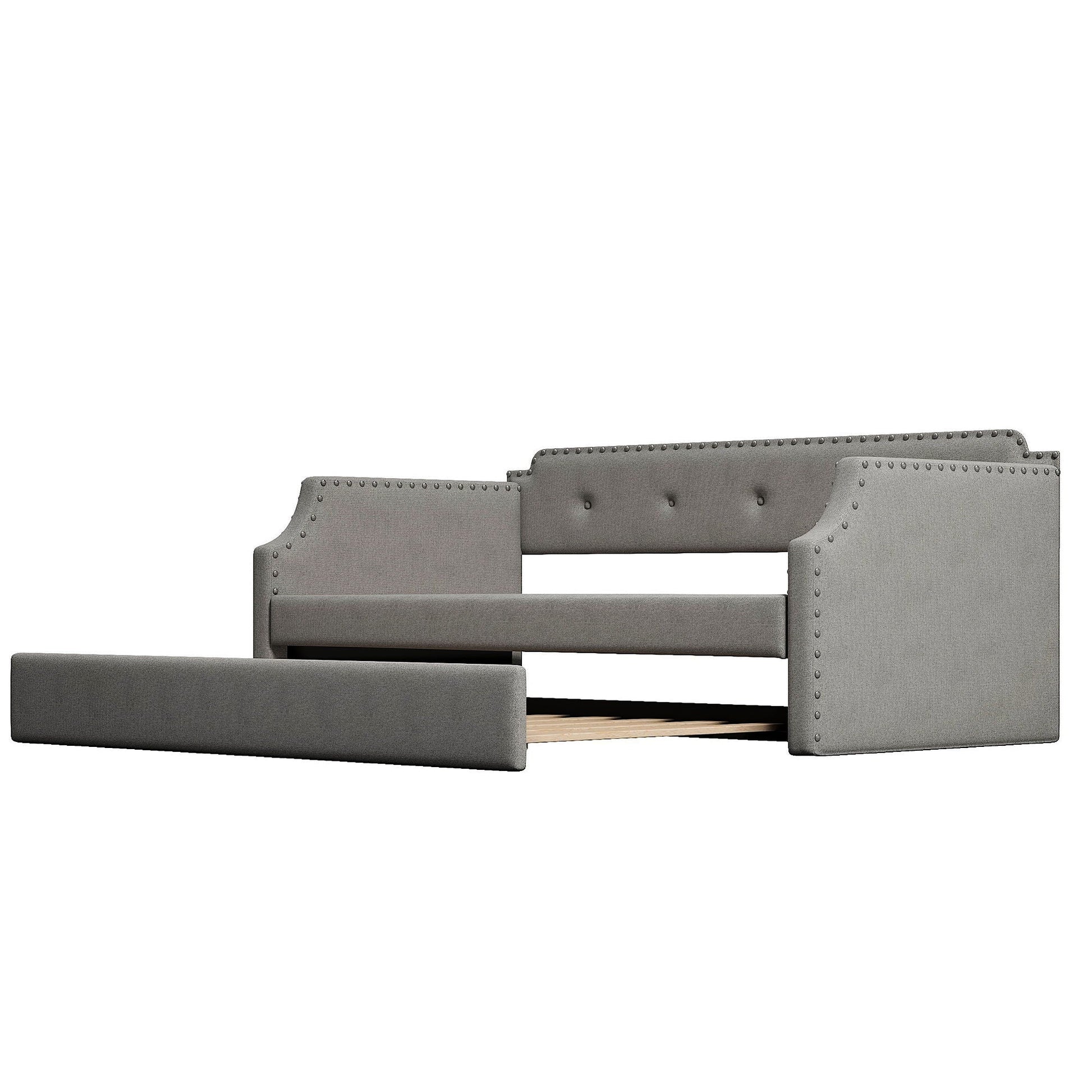 Upholstered daybed with trundle in gray fabric with nailhead trim by HouseOfZazla on Tampa Home & Garden Store