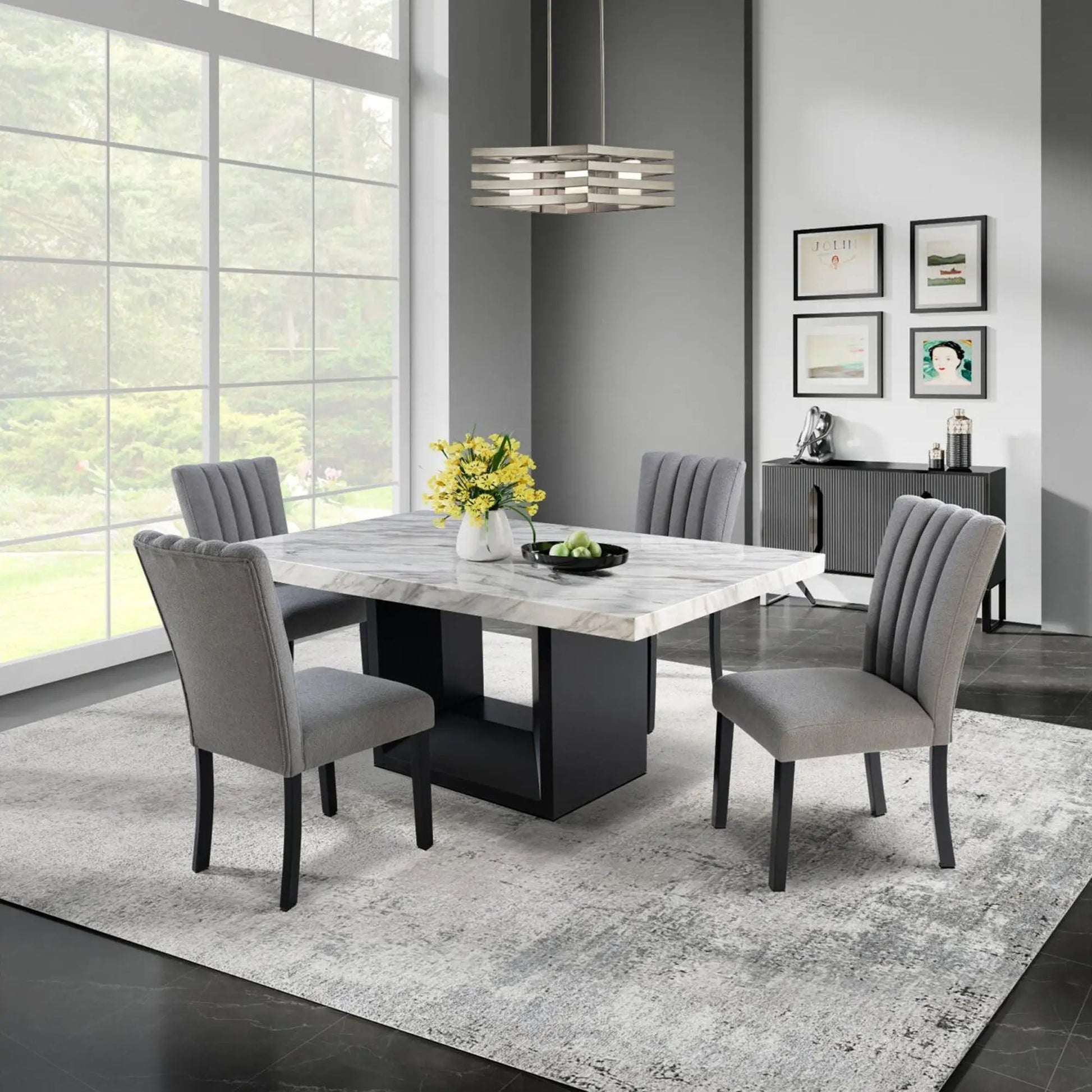 Sheena dining table by Unique Piece Furniture with white marble top and black pedestal base on Tampa Home & Garden Store