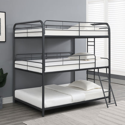 Triple bunk bed full size in black metal frame with guard rails and ladder on Tampa Home & Garden Store