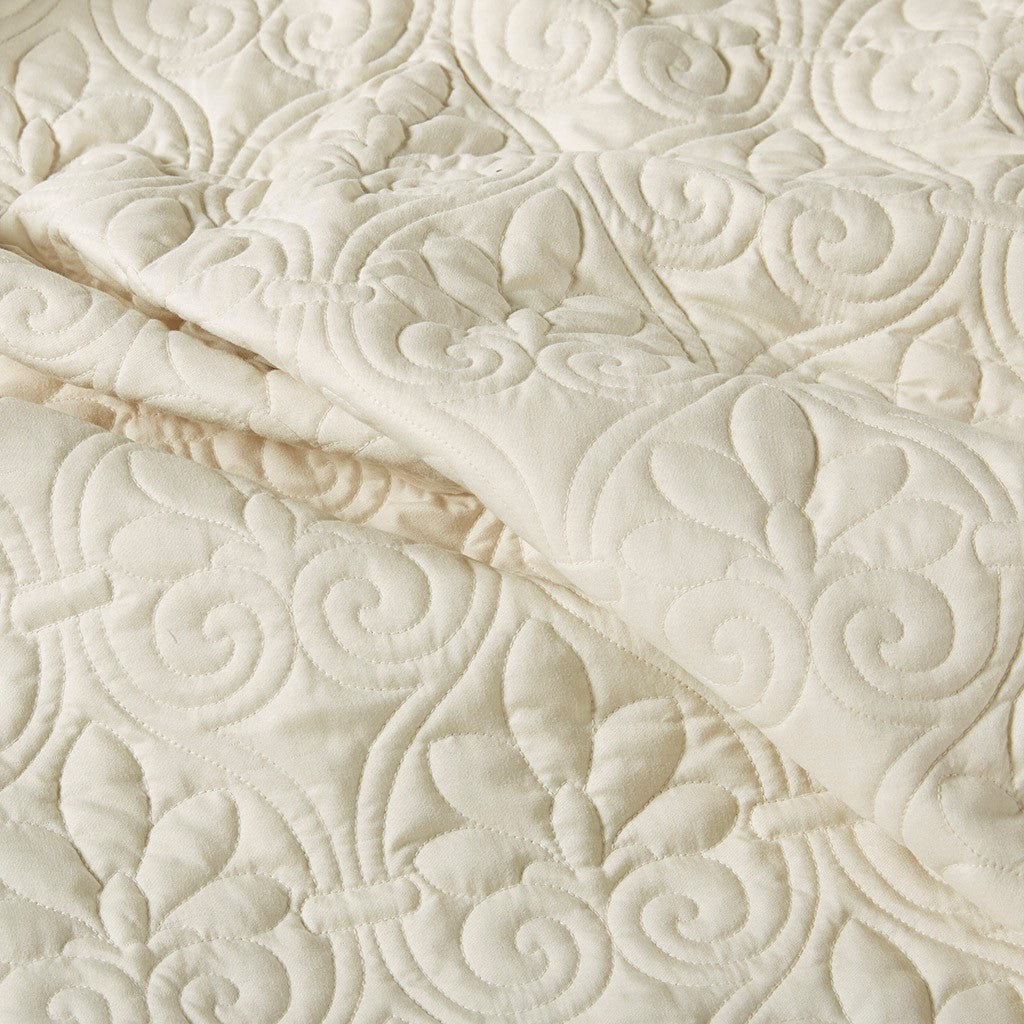 3 Piece Split Corner Pleated Quilted Bedspread by HouseOfZazla, ivory quilted floral swirls on Tampa Home & Garden Store