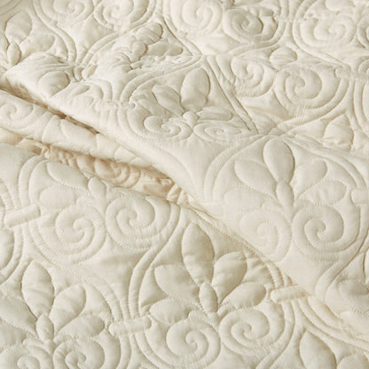 3 Piece Split Corner Pleated Quilted Bedspread by HouseOfZazla, ivory quilted floral swirls on Tampa Home & Garden Store