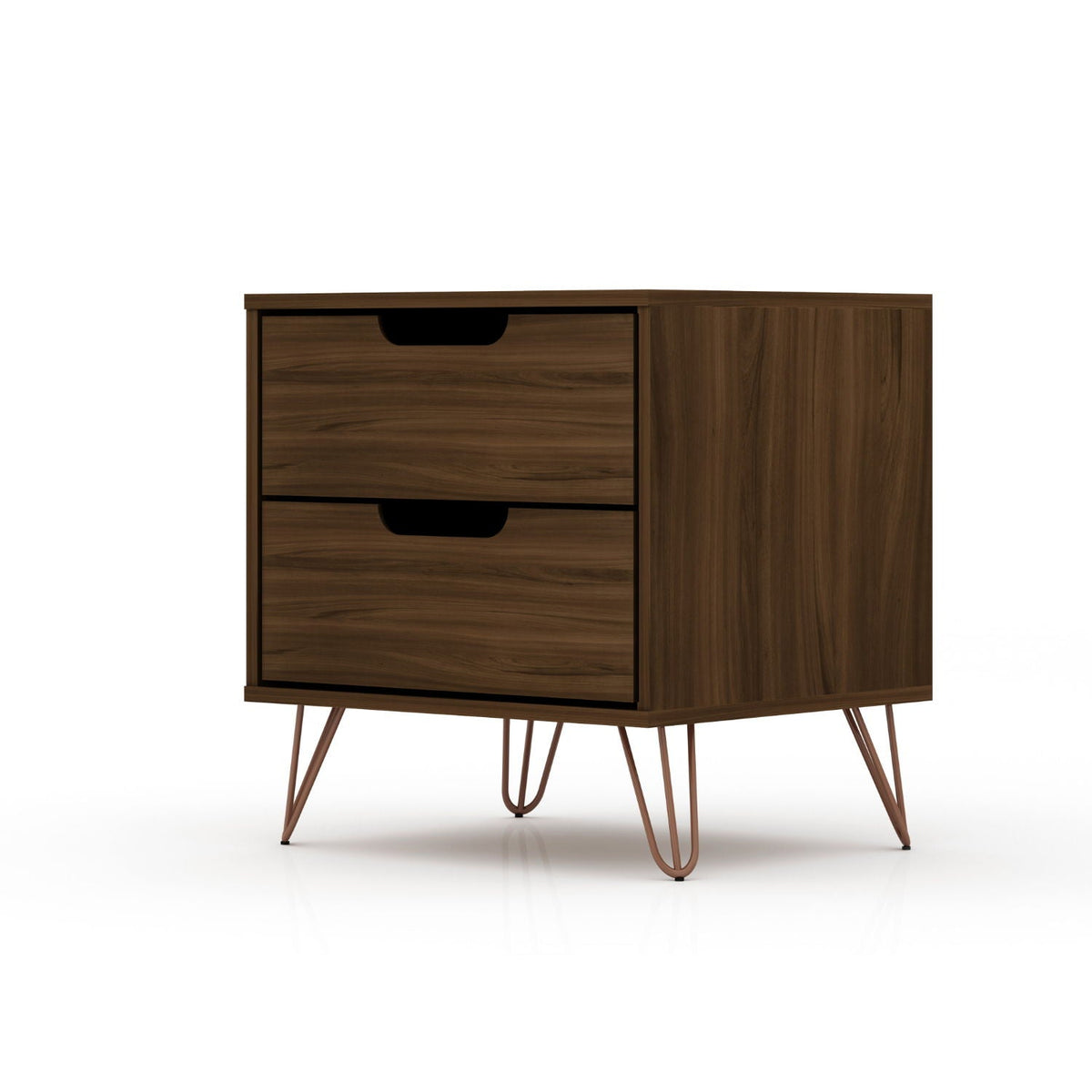 2 Drawer Nightstand walnut finish with copper-toned splayed legs, accent nightstand on Tampa Home & Garden Store