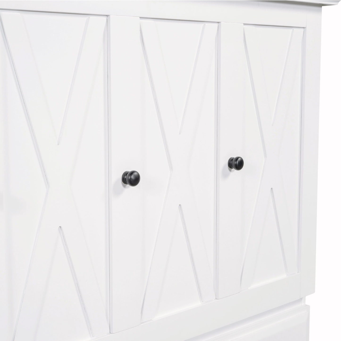 Solid pine Murphy bed chest cube cabinet bed in white with four paneled doors and black knobs on Tampa Home & Garden Store