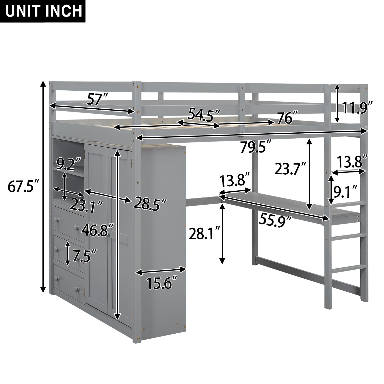Loft Bed With Built In Wardrobe, Shelves And Drawers in gray by HouseOfZazla on Tampa Home & Garden Store