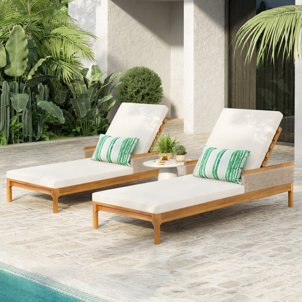 Sun loungers set of 2 solid acacia wood with white cushions and green striped pillows on Tampa Home & Garden Store