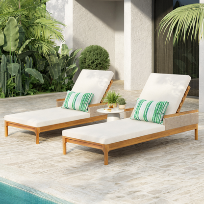 Sun loungers set of 2 solid acacia wood with white cushions and green striped pillows on Tampa Home & Garden Store