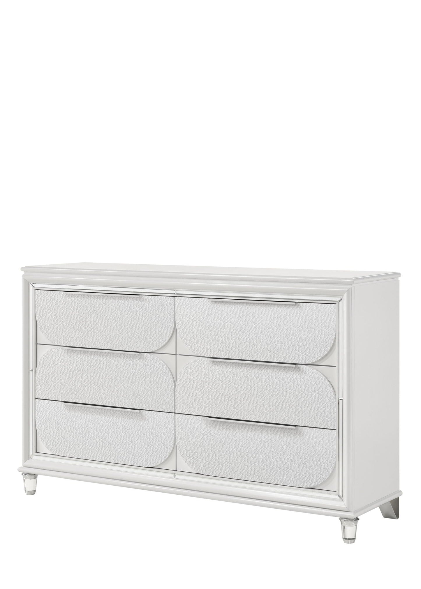 Tarian white 6-drawer dresser by HouseOfZazla with textured curved fronts and chrome trim on Tampa Home & Garden Store