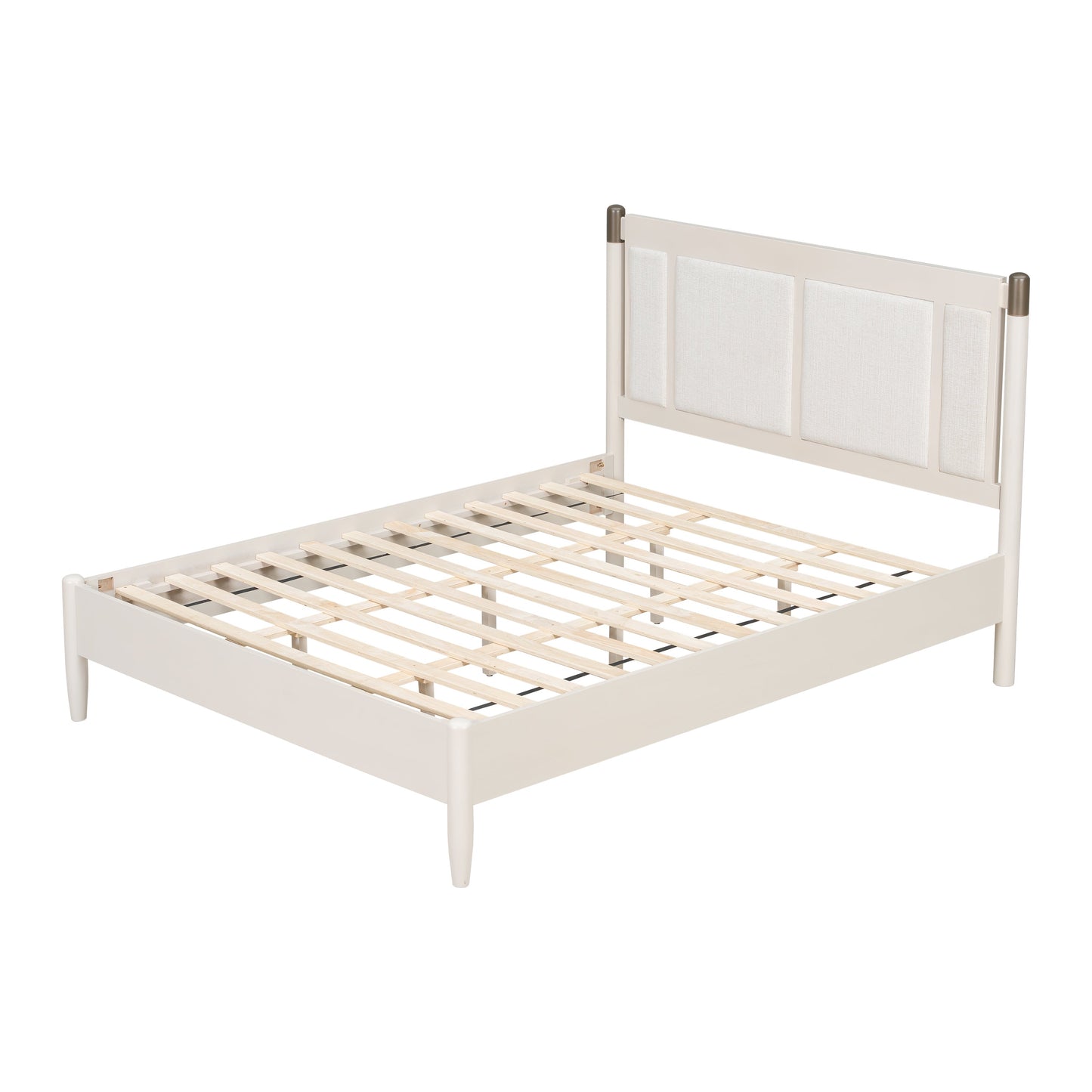 Solid Wood Queen Bed - Heavy Duty by HouseOfZazla, cream finish with fabric headboard on Tampa Home & Garden Store