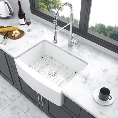 Farmhouse apron-front single-bowl sink with arch edge by HouseOfZazla; chrome faucet on Tampa Home & Garden Store