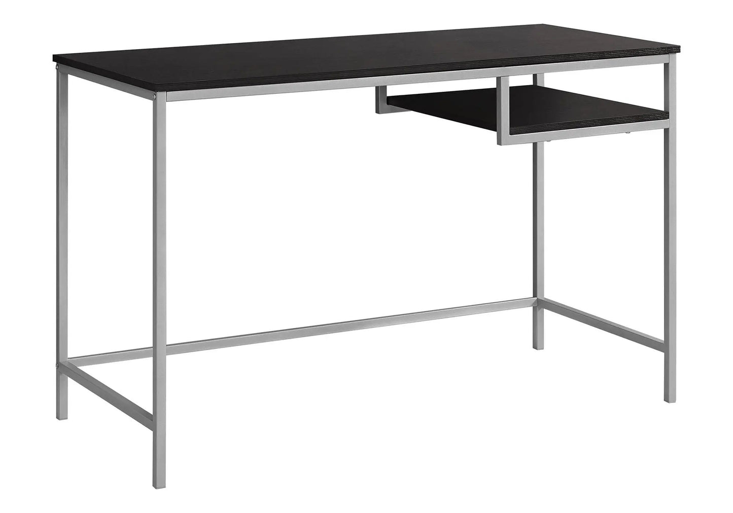 Computer desk with dark wood top, silver metal frame, compact modern with right-side shelf on Tampa Home & Garden Store