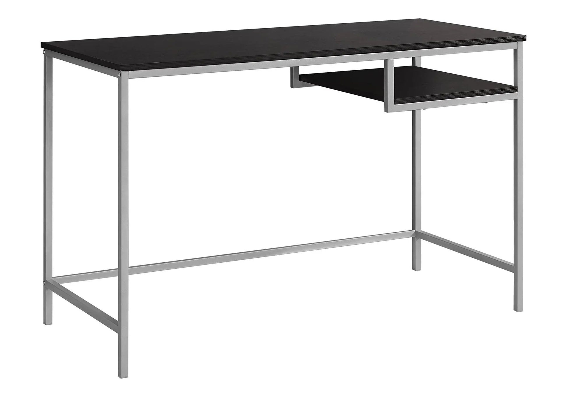 Computer desk with dark wood top, silver metal frame, compact modern with right-side shelf on Tampa Home & Garden Store