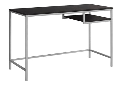 Computer desk with dark wood top, silver metal frame, compact modern with right-side shelf on Tampa Home & Garden Store