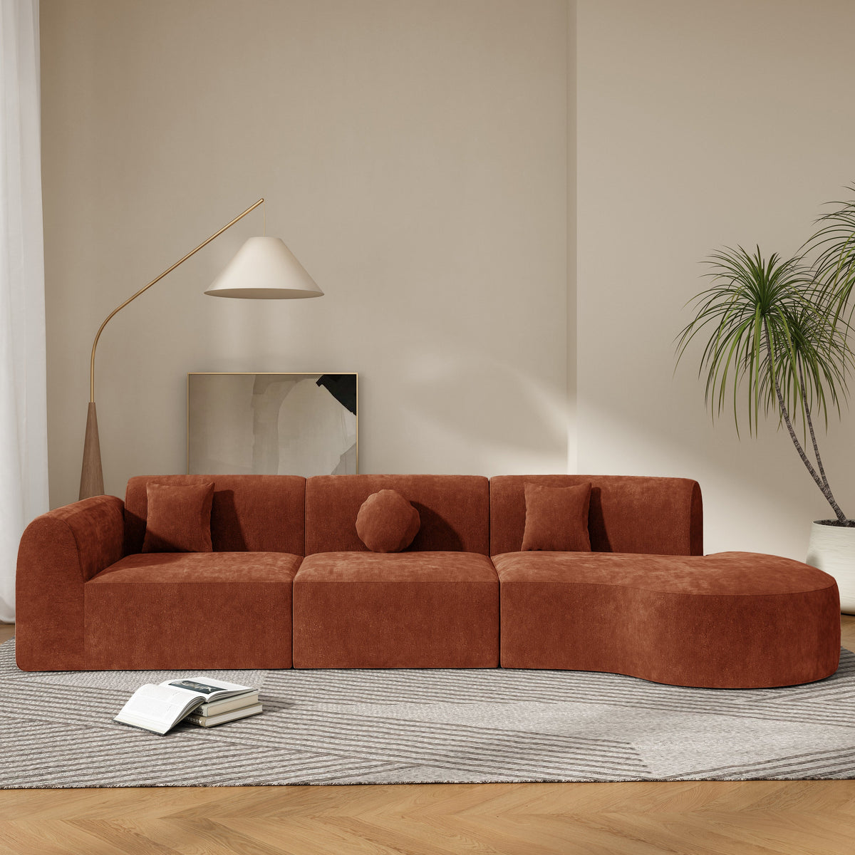 140-inch modern curved sectional sofa with chaise lounge in rust-orange velvet upholstery 3-seat on Tampa Home & Garden Store
