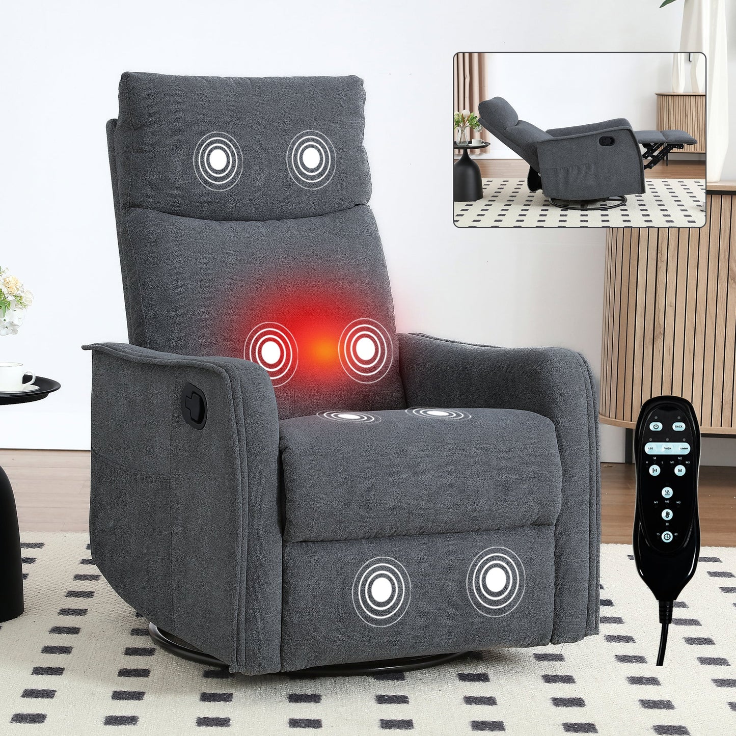 Heat Massage Manual Recliner Chair with Rocker & Swivel gray fabric recliner with remote on Tampa Home & Garden Store