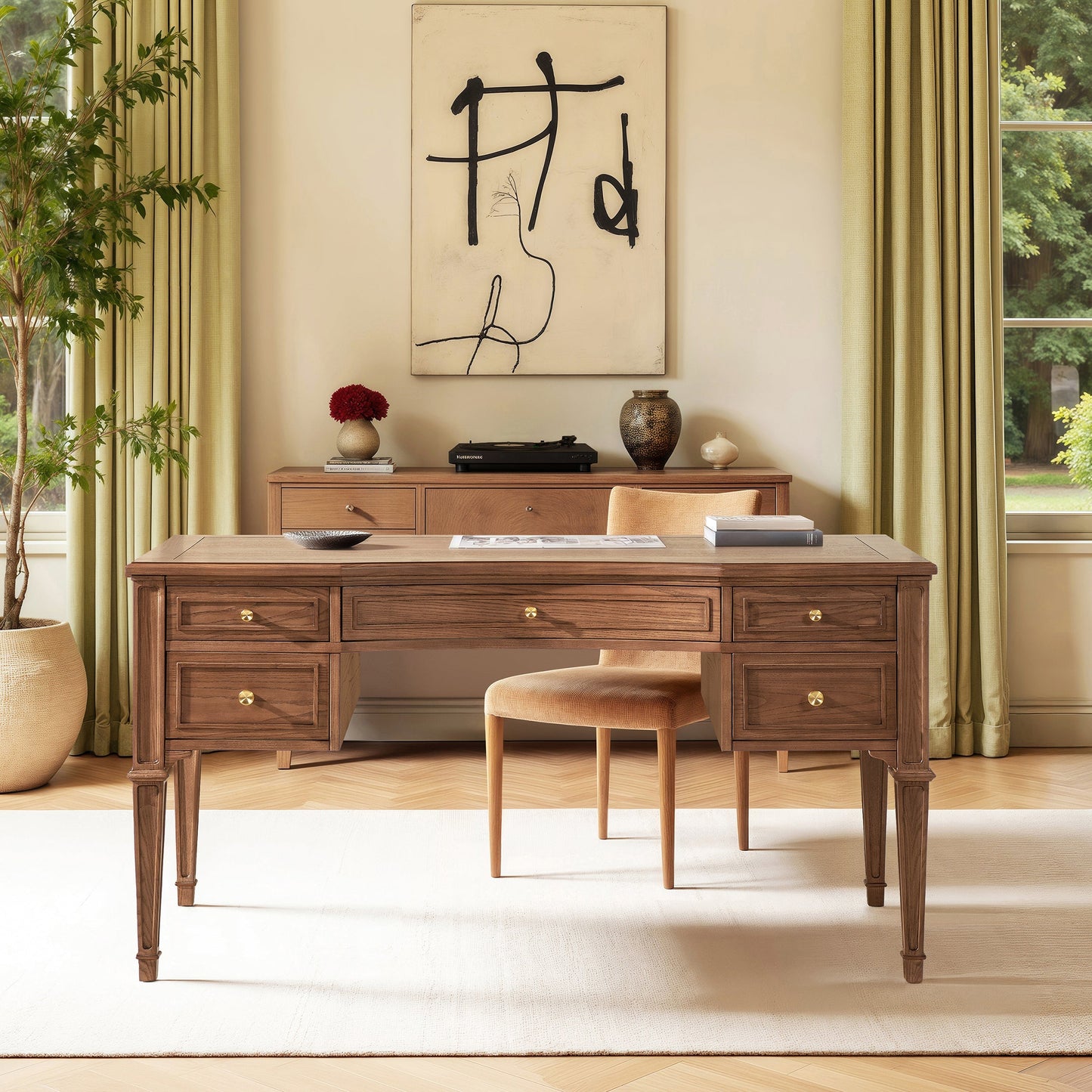 Dauphin Gold Accent 5-Drawer Wood Executive Desk in brown ash wood veneer with brass pulls on Tampa Home & Garden Store