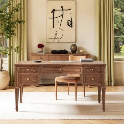 Dauphin Gold Accent 5-Drawer Wood Executive Desk in brown ash wood veneer with brass pulls on Tampa Home & Garden Store
