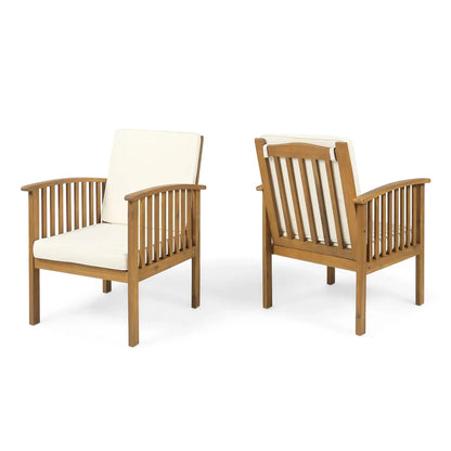 Casa Acacia Club Chair outdoor arm chairs set, natural acacia wood with white cushions, 2 chairs on Tampa Home & Garden Store